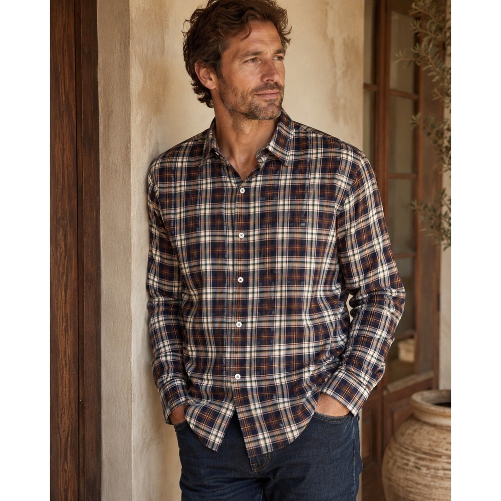 Billy Reid Cotton Plaid Button Down Shirt Standard Cut Made in Italy Navy XL